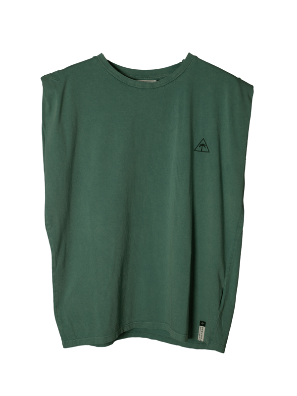 Camiseta sin mangas básica de color verde desgastado con palmera Camiseta sin mangas de corte clásico en color verde oscuro con un gráfico de palmera en el pecho. Perfecta para un look casual y cómodo para cualquier ocasión.