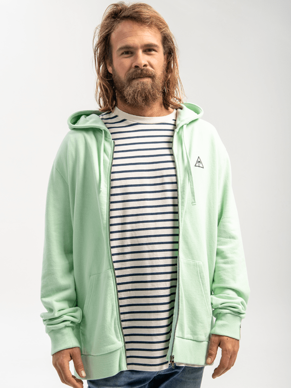 Sudadera con capucha y cremallera verde menta unisex de Oceanna Clothing, elaborada con materiales sostenibles.