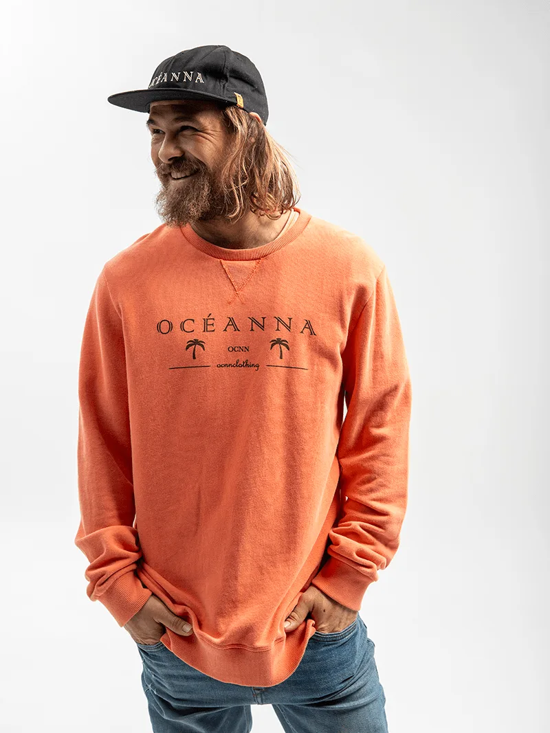 Sudadera unisex orgánica, logo Oceanna, palmeras orange, cómoda