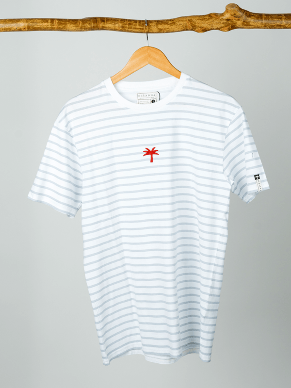 Camiseta rayas grises, algodón orgánico, minimalista, sostenible, ropa ecológica, Oceanna Clothing.