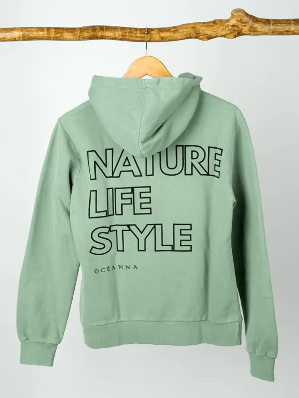 Sudadera verde capucha, algodón orgánico, cómoda, casual, versátil, Oceanna Clothing.